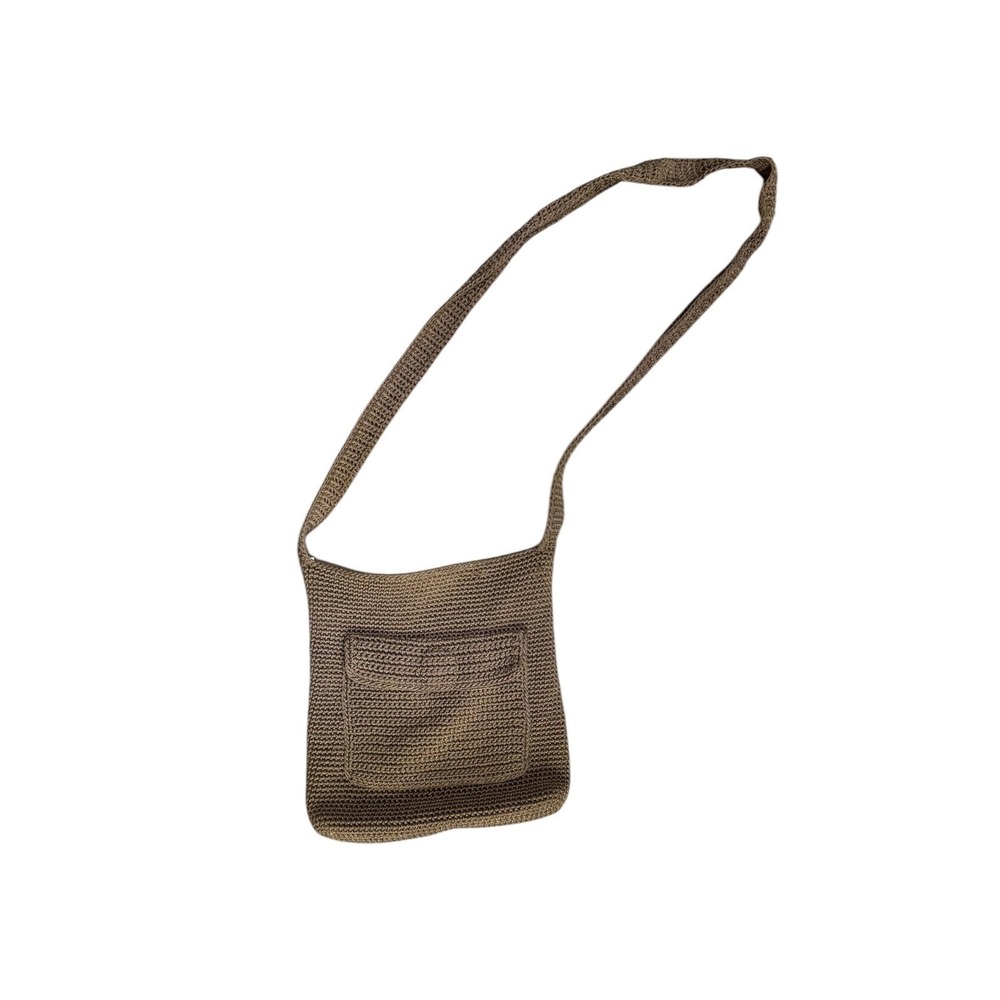 The Sak Crochet Crossbody Bag Taupe Brown Knit Zip Top Front Pocket Boho Purse